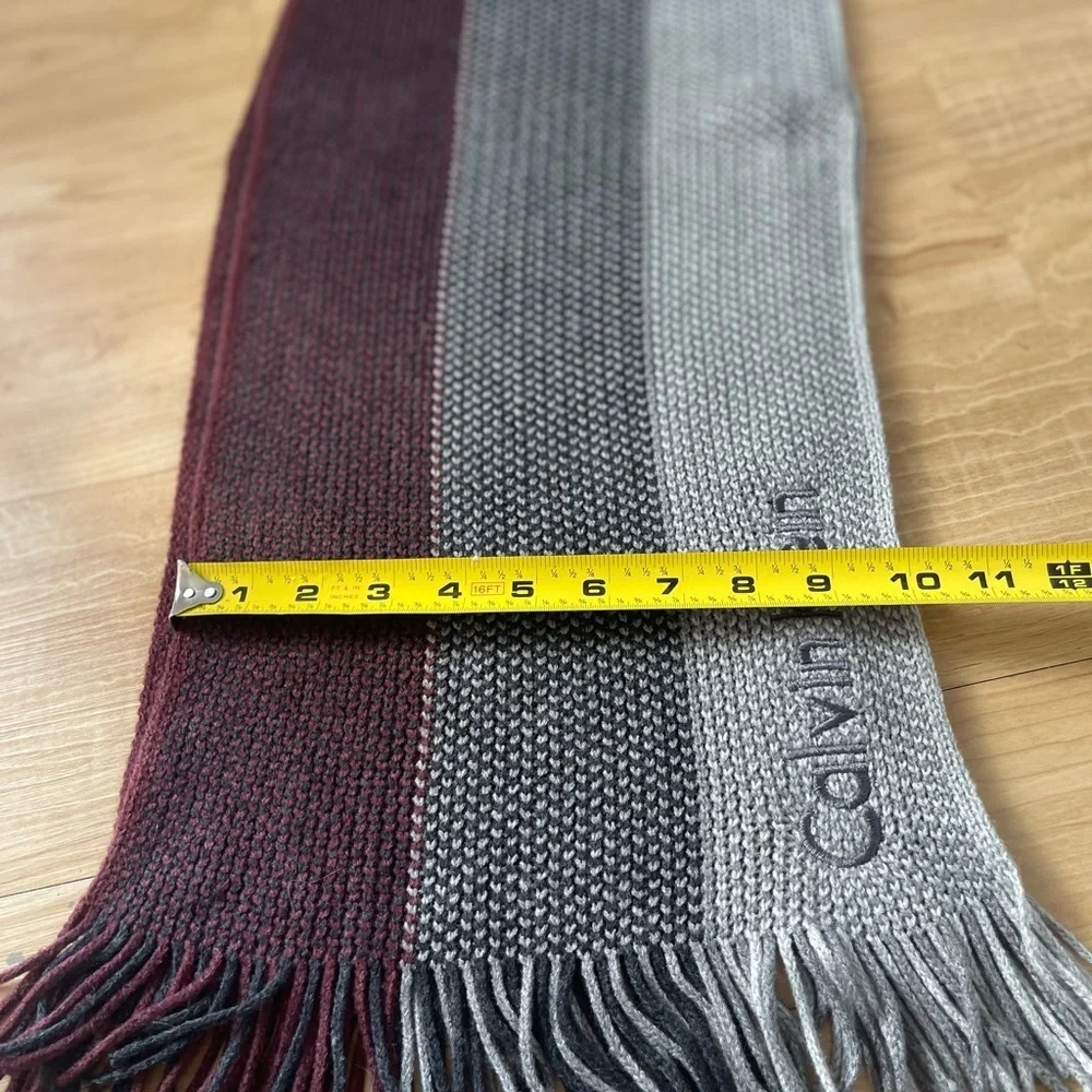 Calvin Klein Mens Knit Gray Burgundy Tonal Ombre Striped Winter Fall Scarf 60”